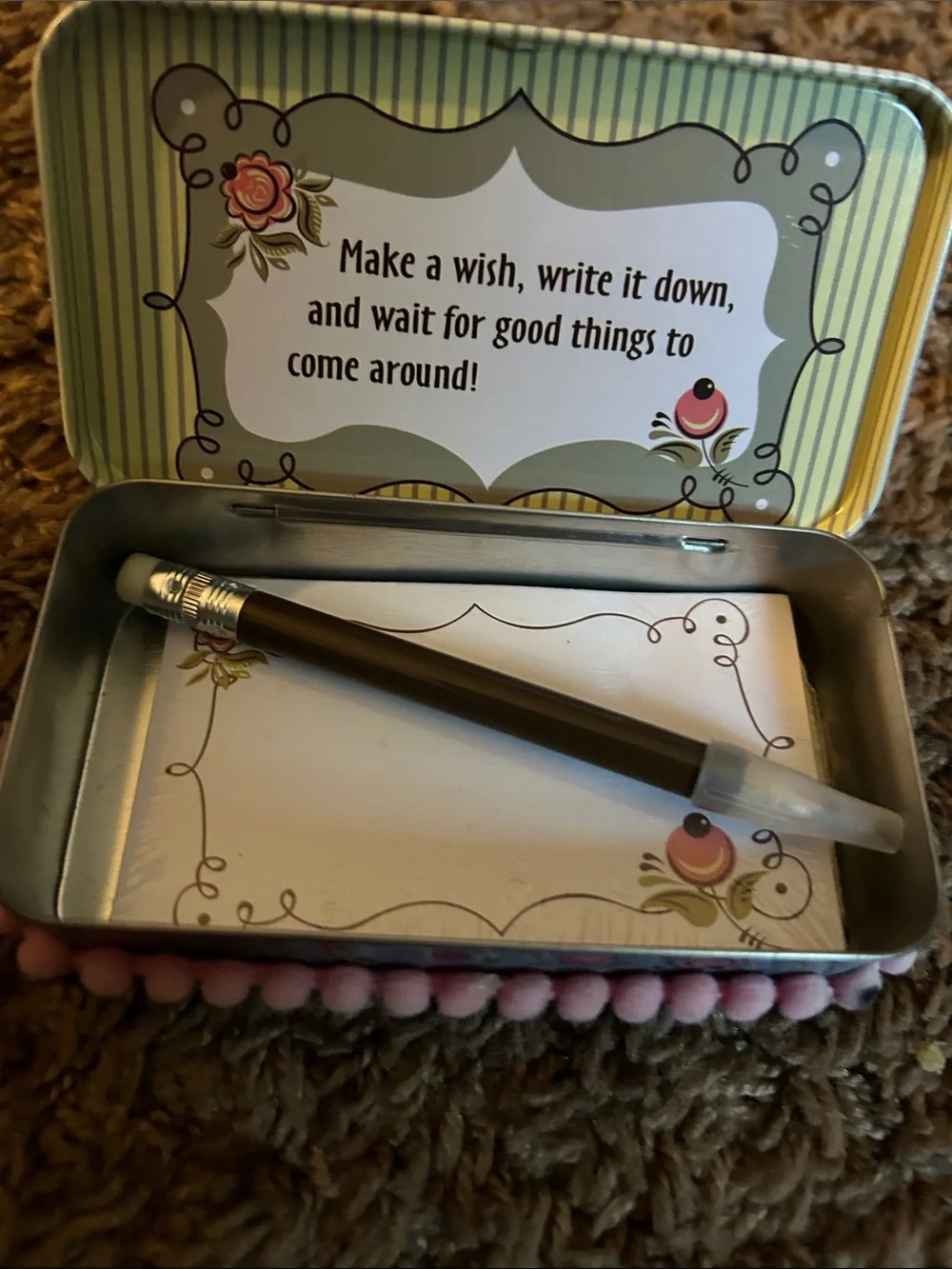 Wish It Dream It Do It Floral Metal Trinket Tin - Pink & Blue
